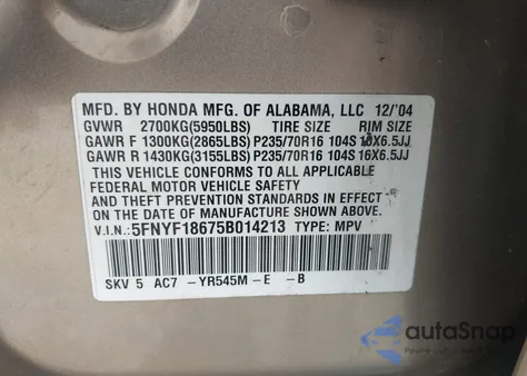 2005 Honda Pilot Ex-L из США, поврежденный, VIN 5FNYF18675B014213